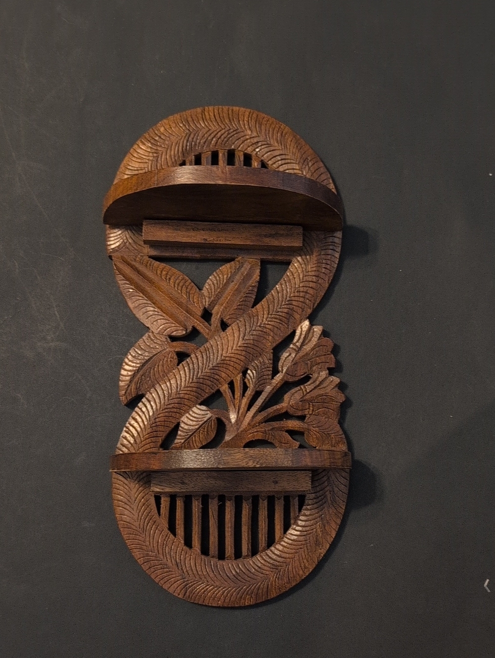 Hand-Carved Wooden Wall Shelf - Brown